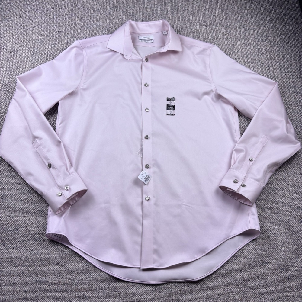 Calvin Klein STEEL Slim Fit Dress Shirt Mens 16 34/35 Pink Non-Iron Stretch New